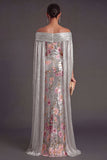 Silver Floral Mermaid Sparkly Long Formal Dress with Cape