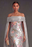 Silver Floral Mermaid Sparkly Long Formal Dress with Cape