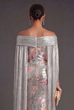 Silver Floral Mermaid Sparkly Long Formal Dress with Cape