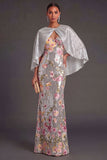 Mermaid Silver Floral Backless Long Formal Dress with Cape