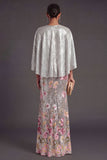 Mermaid Silver Floral Backless Long Formal Dress with Cape