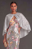 Mermaid Silver Floral Backless Long Formal Dress with Cape