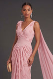 V Neck Pink Floral Mermaid Appliqued Long Formal Dress with Cape