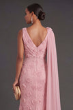 V Neck Pink Floral Mermaid Appliqued Long Formal Dress with Cape