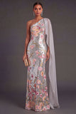 Mermaid Silver Floral One Shoulder Long Formal Dress with Cape