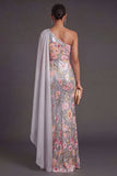 Mermaid Silver Floral One Shoulder Long Formal Dress with Cape