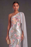 Mermaid Silver Floral One Shoulder Long Formal Dress with Cape