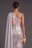 Mermaid Silver Floral One Shoulder Long Formal Dress with Cape
