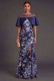 Floral Navy Mermaid Illusion Neck Long Formal Dress with Slit