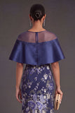 Floral Navy Mermaid Illusion Neck Long Formal Dress with Slit