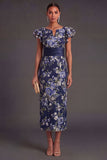 Sheath Navy Floral Ruffled Long Formal Dress