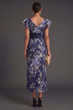 Sheath Navy Floral Ruffled Long Formal Dress