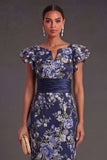 Sheath Navy Floral Ruffled Long Formal Dress
