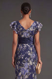 Sheath Navy Floral Ruffled Long Formal Dress