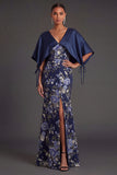 Mermaid Navy Floral Long Formal Dress with Cape