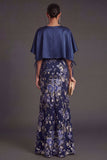 Mermaid Navy Floral Long Formal Dress with Cape
