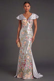Silver Satin Floral Mermaid Long Formal Dress with Cape