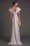 Silver Satin Floral Mermaid Long Formal Dress with Cape