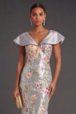 Silver Satin Floral Mermaid Long Formal Dress with Cape