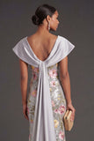 Silver Satin Floral Mermaid Long Formal Dress with Cape