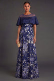A Line Floral Navy Illusion Neck Long Formal Dress