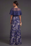 A Line Floral Navy Illusion Neck Long Formal Dress