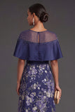 A Line Floral Navy Illusion Neck Long Formal Dress