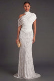 Leely Women Sparkly Beaded White One Shoulder Long Formal Dress Mermaid Backless Wedding Guest Dress