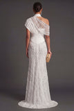 Leely Women Sparkly Beaded White One Shoulder Long Formal Dress Mermaid Backless Wedding Guest Dress