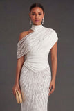 Leely Women Sparkly Beaded White One Shoulder Long Formal Dress Mermaid Backless Wedding Guest Dress