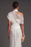 Leely Women Sparkly Beaded White One Shoulder Long Formal Dress Mermaid Backless Wedding Guest Dress