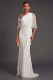 Beaded Sparkly White One Shoulder Long Formal Dress