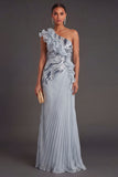 Dusty Blue Ruffled Pleated A Line Long Formal Dress