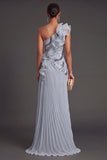 Dusty Blue Ruffled Pleated A Line Long Formal Dress