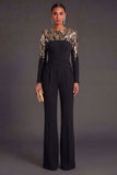 Black Floral Sparkly Sequined Long Formal Jumpsuit