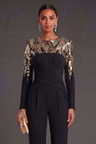 Black Floral Sparkly Sequined Long Formal Jumpsuit