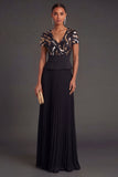 Pleated Black V Neck A Line Long Formal Dress