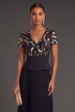 Pleated Black V Neck A Line Long Formal Dress