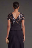 Pleated Black V Neck A Line Long Formal Dress