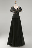 Pleated Black V Neck A Line Long Formal Dress