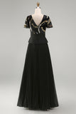 Pleated Black V Neck A Line Long Formal Dress