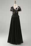 Pleated Black V Neck A Line Long Formal Dress
