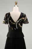 Pleated Black V Neck A Line Long Formal Dress