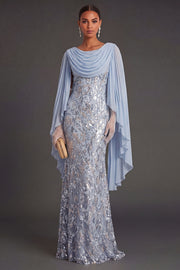 Sky Blue Mermaid Floral Sparkly Long Formal Dress with Cape