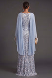 Sky Blue Mermaid Floral Sparkly Long Formal Dress with Cape