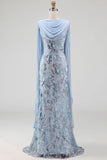 Sky Blue Mermaid Floral Sparkly Long Formal Dress with Cape