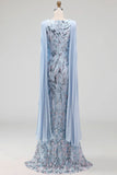 Sky Blue Mermaid Floral Sparkly Long Formal Dress with Cape