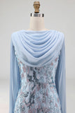 Sky Blue Mermaid Floral Sparkly Long Formal Dress with Cape