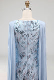 Sky Blue Mermaid Floral Sparkly Long Formal Dress with Cape