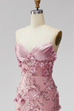 Sparkly Sequins Blush Mermaid Corset Strapless Long Prom Dress with 3D Flower